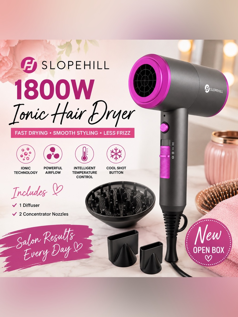 SLOPEHILL 1800W Ionic Hair Dryer w/ Diffuser & Concentrator Nozzles New in Box